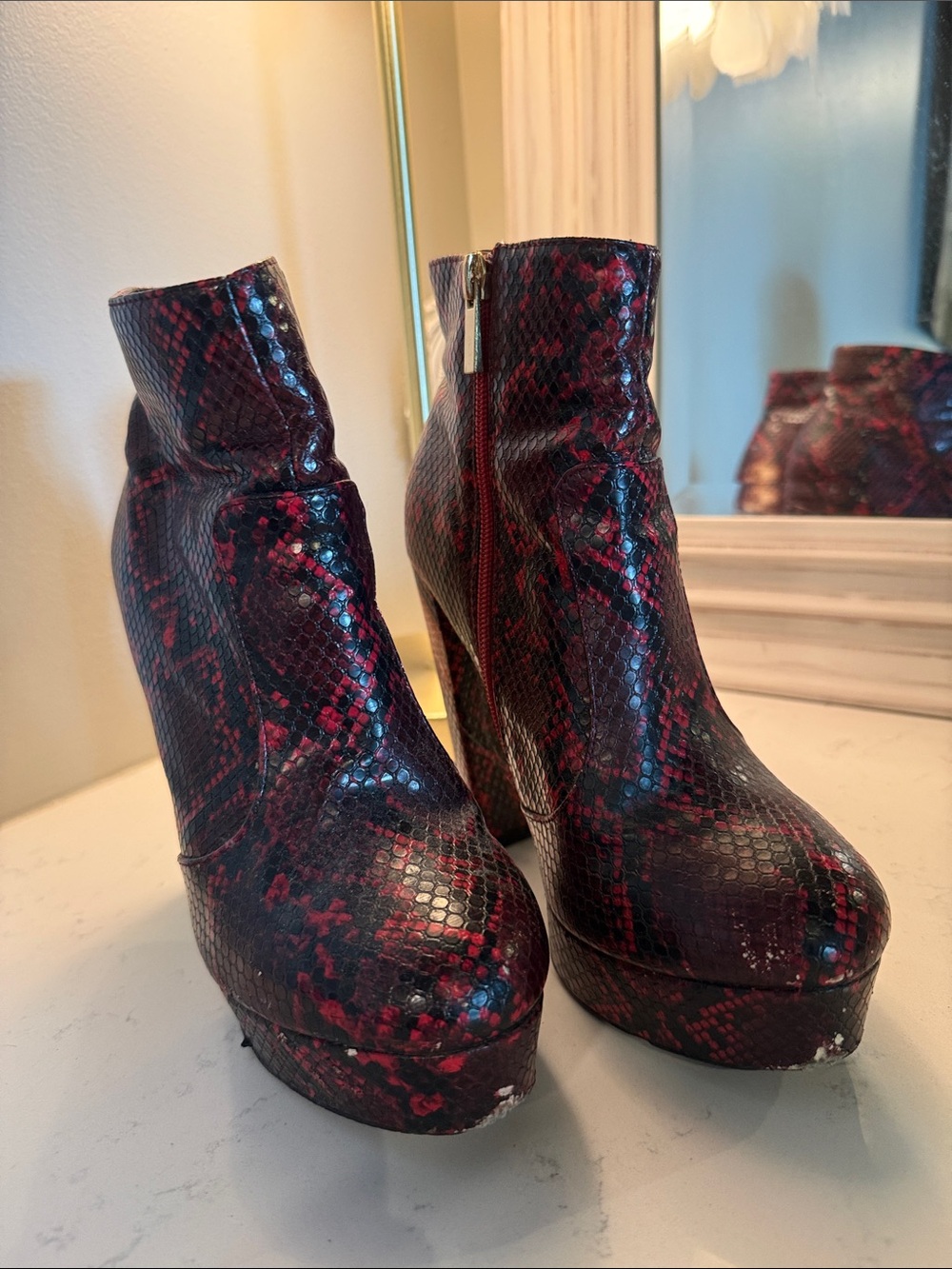 Aldo Red and Black Snake-Print Platform Ankle Boots
